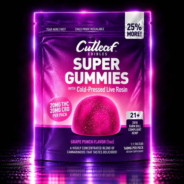 Cutleaf Super Gummies Live Rosin 20mg THC + 20mg CBD 4ct Grape Punch