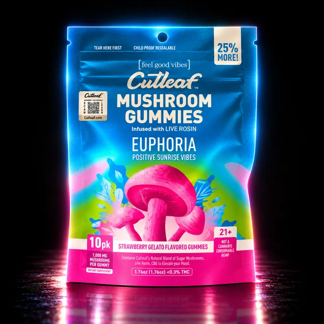 Cutleaf Euphoria Mushroom Gummies Live Rosin 1000mg 10ct Sunrise Strawberry Gelato