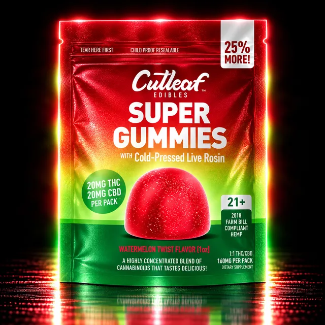Cutleaf Super Gummies Live Rosin 20mg THC + 20mg CBD 4ct Watermelon Twist