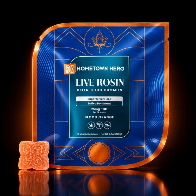 Hometown Hero Live Rosin D9 THC Flavored Gummies 25mg 2 Piece BLOOD ORANGE (Sativa Dominant)