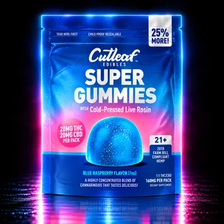 Cutleaf Super Gummies Live Rosin 20mg THC + 20mg CBD 4ct Blue Raspberry