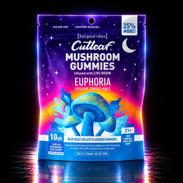 Cutleaf Euphoria Mushroom Gummies Live Rosin 1000mg 10ct Sunset Blue Razz Gelato