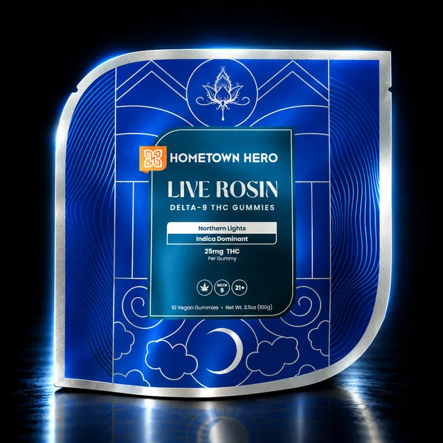 Hometown Hero Strain Live Rosin Delta-9 Gummies 25mg 10ct Northern Lights (Indica)
