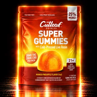 Cutleaf Super Gummies Live Rosin 20mg THC + 20mg CBD 4ct Mango Pineapple