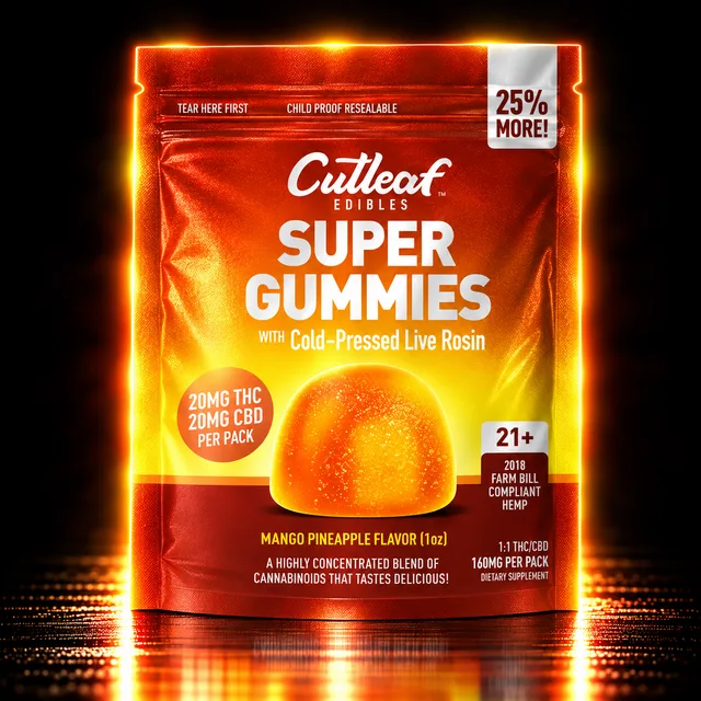 Cutleaf Super Gummies Live Rosin 20mg THC + 20mg CBD 4ct Mango Pineapple
